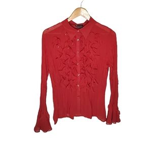 Red Confetti Long Sleeve Button Up Wrinkle Blouse with Cutouts and Sequins
